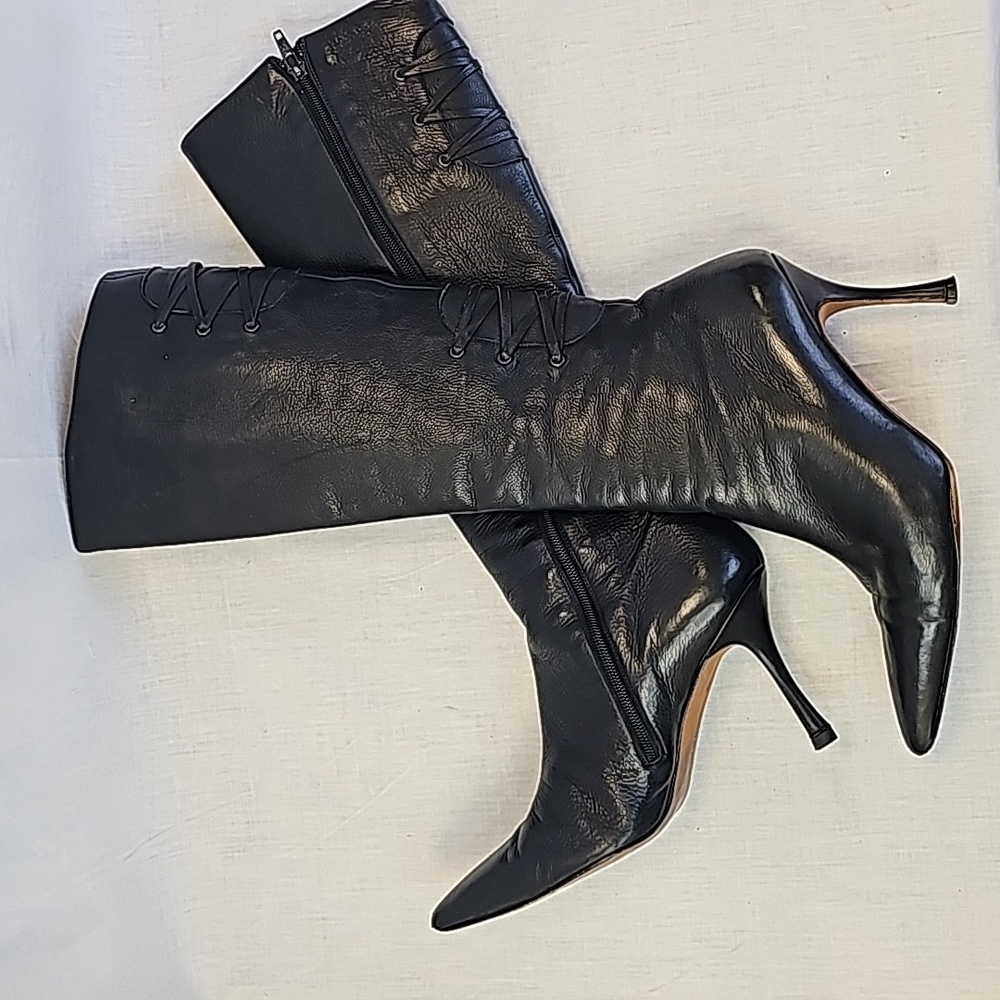 Authentic Manolo Blahnik Corset Boot Black Leather Kitten Heel Boots Size 37
